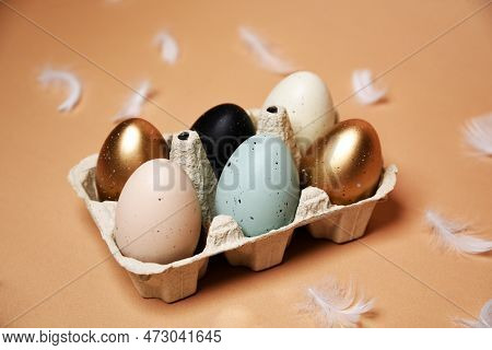 Easter Is Coming, A Tray With Painted Eggs, On A Nude Background. Celebrations And Traditions. Blue,