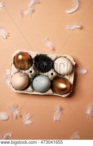 Easter Is Coming, A Tray With Painted Eggs, On A Nude Background. Celebrations And Traditions. Blue,