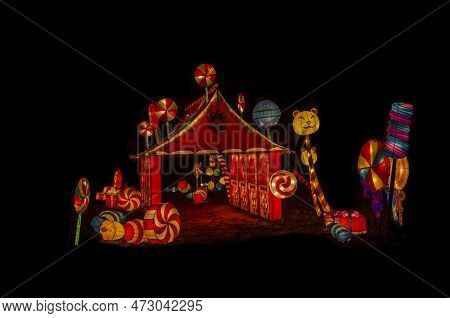 Unusual Lantern Festival Chinese Culture Whimsical Shapes Flowers Landscape Black Background