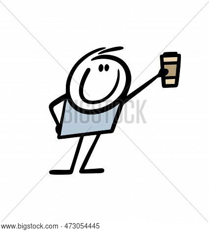 Funny Boy Stickman Holds Out A Cup With A Hot Coffee Drink In His Raised Hand.