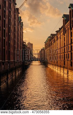Cityscape Of Sandtorhafen Canal, Hamburg Speicherstadt And Hafencity