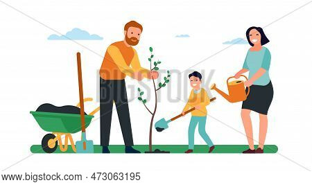 Family Planted Tree. Father And Mother Together With Child Gardening. Parents And Son Care Of Bush. 