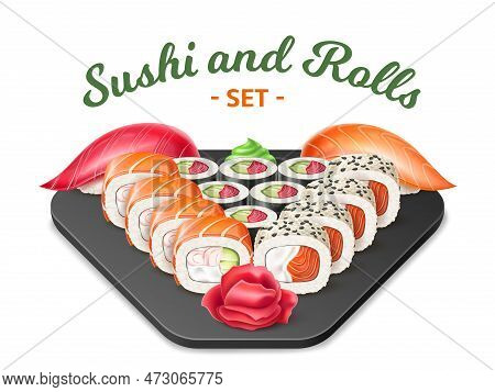 Realistic Sushi And Rolls. Japanese Food Composition, Serving Cold Snacks, Nori Algae With Boiled Ri