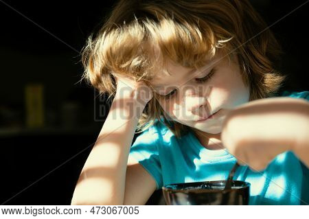 Kids Food Concept. Child Having Breakfast At Home. Healthy Homefood. Boy Eats At Kitchen.