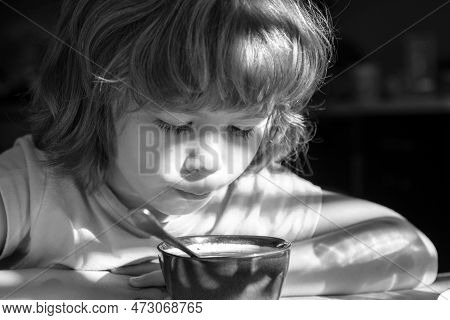 Kids Nutrition. Little Boy Eats Soup. Healthy Food For Children. Organic Homefood.