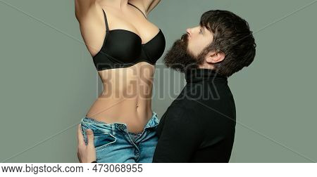 Handsome Bearded Man Touching Womans Body And Enjoying Her Beautiful Boobs. Prelude And Foreplay Bef