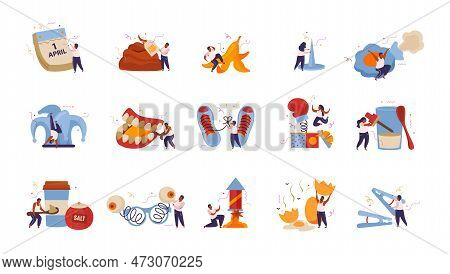 All Fools Day Flat Recolor Set Of Isolated Icons With Small Human Characters Doing Various Pranks Ve
