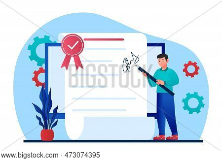 Signing Document Online. Man With Pencil Leaves Electronic Signature On Document. Negotiations On In