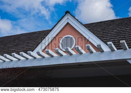 Roof Shingles On Top Of The House Against Blue Sky With Cloud, Dark Asphalt Tiles On The Roof Backgr