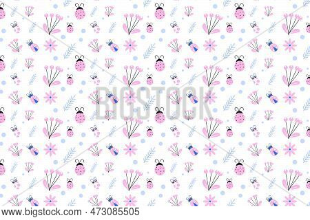 Beautiful Tropical Insects Pattern Design On A White Background. Ladybug Pattern Decoration With Lea