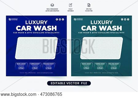 Car Wash Social Media Post Vector With Dark Backgrounds. Automobile Repair And Cleaning Service Temp