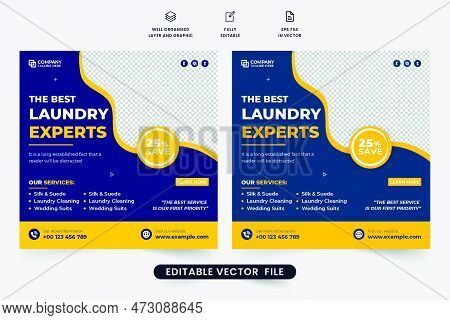 Laundry Business Promotional Web Banner Design With Blue And Yellow Colors. Cloth Cleaning Service S