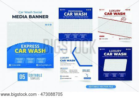 Car Wash Social Media Post Bundle Design With Blue And Red Colors. Automobile Repair And Cleaning Bu