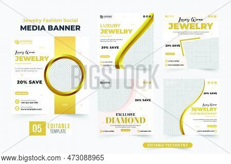 Special Ornament Social Media Post Bundle Vector With Golden And Dark Colors. Jewelry Business Promo