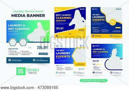 Laundry Service Social Media Post Collection With Dark And Yellow Colors. Laundry And Dry Cleaning S