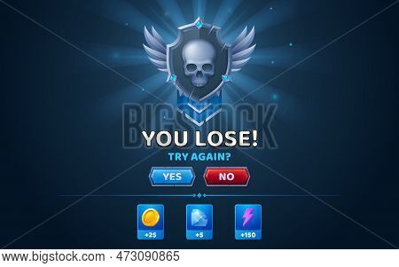 You Lose Computer Game Screen. Vector Cartoon Illustration Of Defeat Gui Design, Medieval Army Shiel