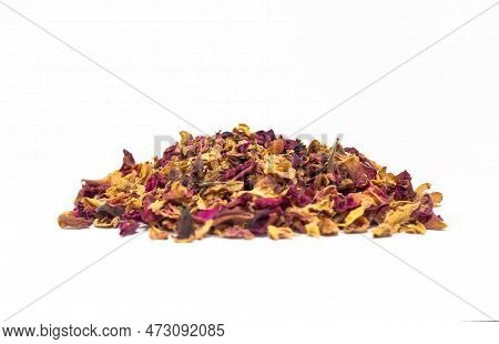 Isolated Handful Of Dried Rose Petals, Leaves, Buds On White Background. Desiccated Colorful Flower 