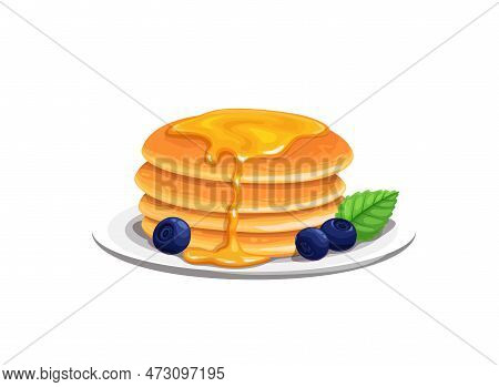 Cartoon Pancakes With Honey, Crepes Dessert Or Sweet Food, Vector Yummy Breakfast. Pancakes On Plate