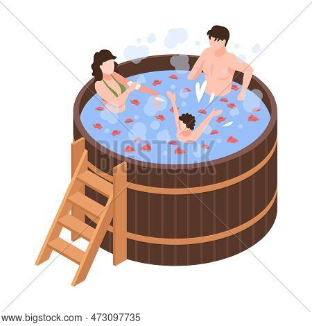 Family Relaxing In Japanese Bath Isometric Icon 3d Vector Illustration