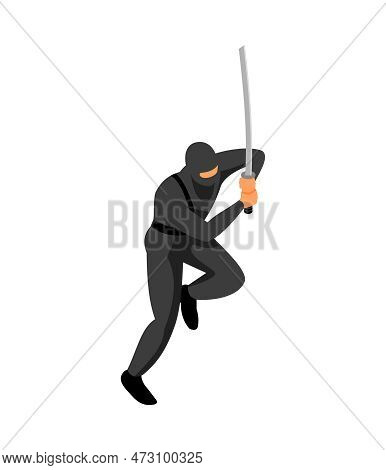 Isometric Ninja During Fight With Katana 3d Vector Illustration