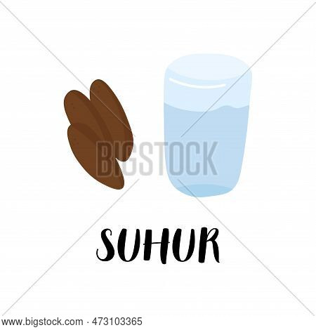 Suhur Ramadan Breakfast With Water And Dates. Muslim Fasting Family Illustration.