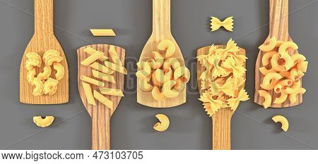 Wooden Spatula With Pasta Of Different Types Penne, Farfalle, Creste Di Gallo, Chifferi, Conchiglie 