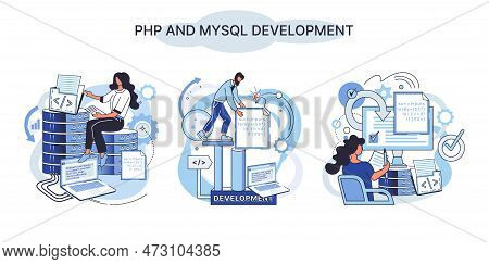 Php And Mysql Development Metaphor. Software Website Developer With Computer, Programmer Service, Op