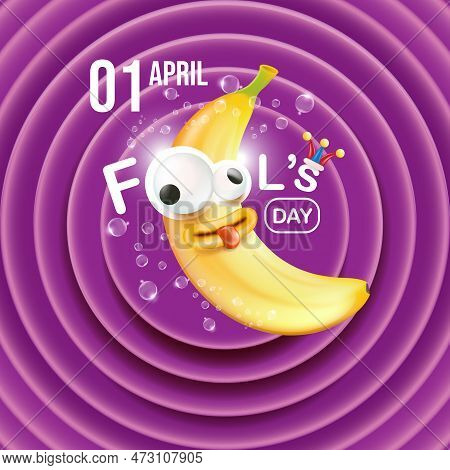 April Fools Day Funky Square Banner With Silly Banana Character Isolated On Violet Cartoon Comic Bac