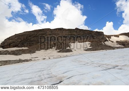 Mountain Glacier Panorama And Alpine Hut Oberwalderhuette In Glockner Group, Austria