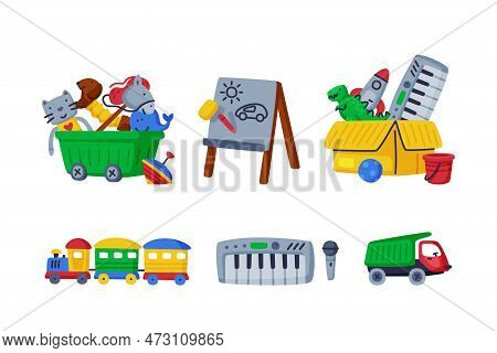 Different Colorful Kids Toy From Nursery Vector Set
