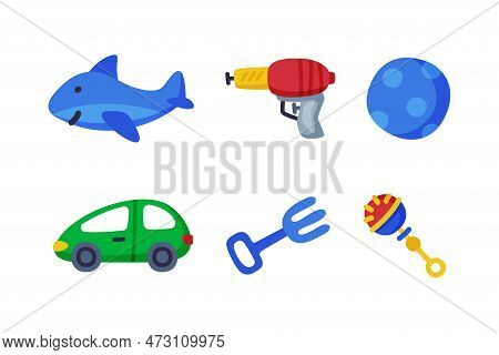 Different Colorful Kids Toy From Nursery Vector Set