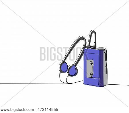 Portable Cassette Player, Tape Recorder One Line Color Art. Continuous Line Drawing Of Tape, Retro, 