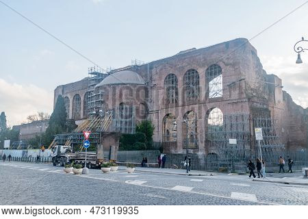 Rome, Italy - December 7, 2022: Remains Of The Basilica Of Maxentius And Constantine.