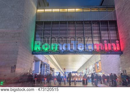 Rome, Italy - December 7, 2022: Night View Of Entrance To Train Station Roma Termini. Termini Is Als