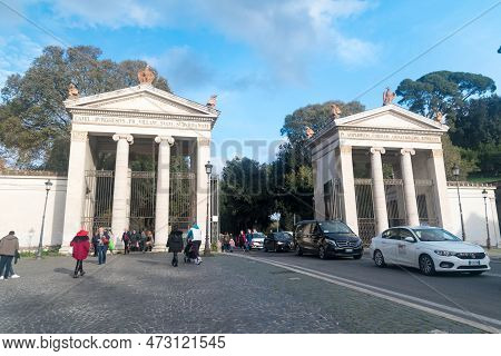 Rome, Italy - December 8, 2022: Entrance To The Park Of Villa Borghese Piazzale Flaminio.
