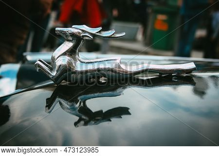 Warsaw, Poland - 1 May 2008: Close-up On Deer Wolga Car Hood Emblem Ornament