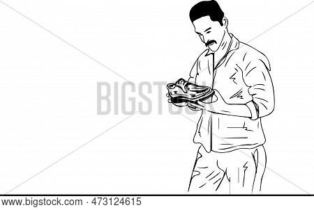 Shoe Love: Line Art Silhouette Of A Man Finding The Perfect Pair, The Perfect Fit: Sketch Drawing Of