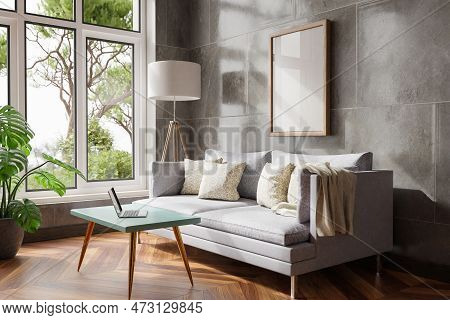 Cozy Living Room Interior In Room Corner; Sunlight Shining Trough Window; Floorlamp And Couch Table 