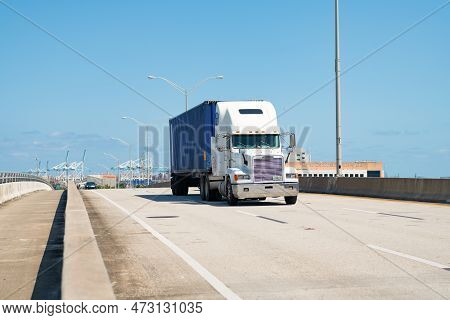 Miami, Florida Usa - April 15, 2021: Freightliner Cascadia Truck On The Road, Corner View
