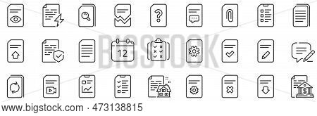 Set Of Report, Checklist And Copy Icons. Document Management Line Icons. Download File, Remove And A