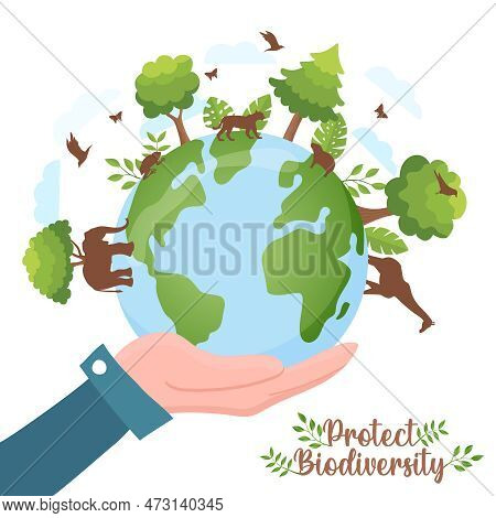 Protect Biodiversity Illustration Of Human Hand Holding  Green Planet Earth With Wild Animals Walkin