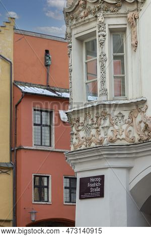 Innsbruck, Austria - February 26, 2023: Decorative Facade Of Helbling House In Old Town Herzog-fried