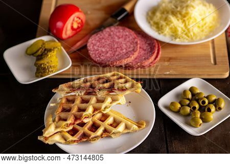 Waffle Sandwich With Salami, Olives, Cheese, Tomato. Waffle Pizza, Piffle.