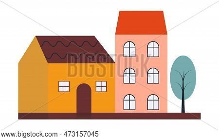Vector Houses In Different Colors With A Tree Nearby Eps 10. Vector Yellow House With Two Windows An