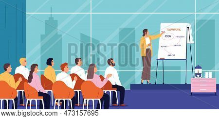 Conference Flat Concept With Woman On Stage Speaking For The Audience Vector Illustration