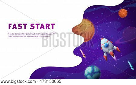 Space Landing Page, Rocket Spaceship In Outer Space Between Planets, Vector Website Template. Fast S