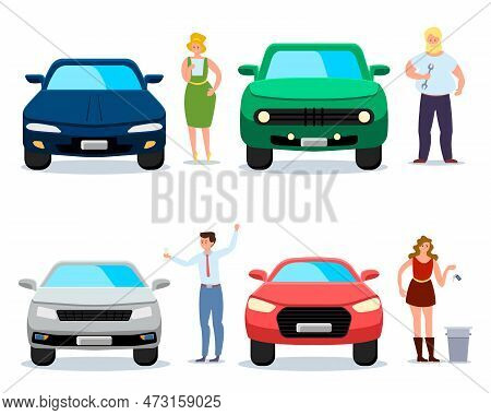 Private Cars Problems Vector Illustrations Set. Frustrated People With Fine, Wrench, Woman Throwing 