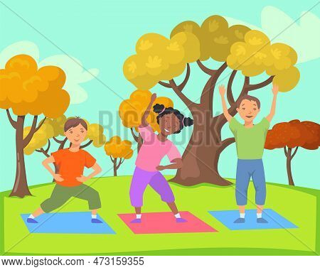 Children Exercising In Park Vector Illustration. Happy Young People Practicing Yoga And Stretching O