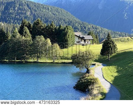 Sports And Recreational Trail Along The Alpine Lake Davos Or Loop Around Mountain Lake Davosersee, D