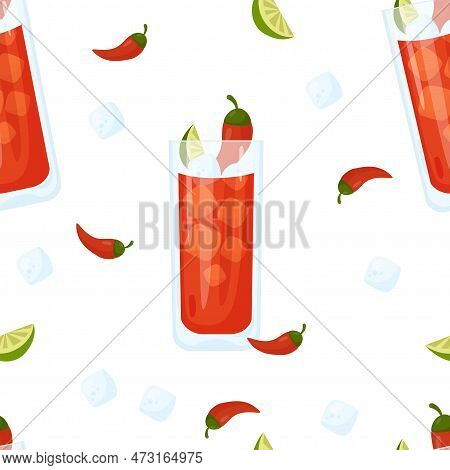 Seamless Pattern With Mexican Cocktail Vampiro On White Background With Ice Cube, Chili Peppers And 